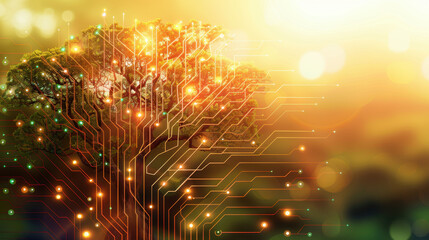 Fototapeta premium digital tree with glowing circuits symbolizes technology and nature harmony. warm colors create serene atmosphere, blending organic and digital elements beautifully