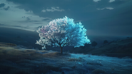 Fototapeta premium solitary tree with glowing blossoms stands in serene landscape at dusk, surrounded by gentle hills and tranquil atmosphere. scene evokes sense of calm and wonder
