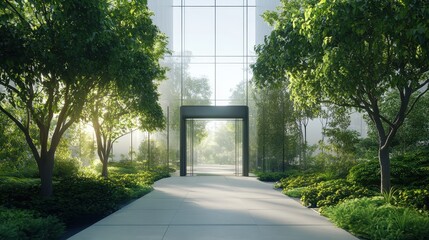Modern indoor garden entrance with lush greenery and sunlight
