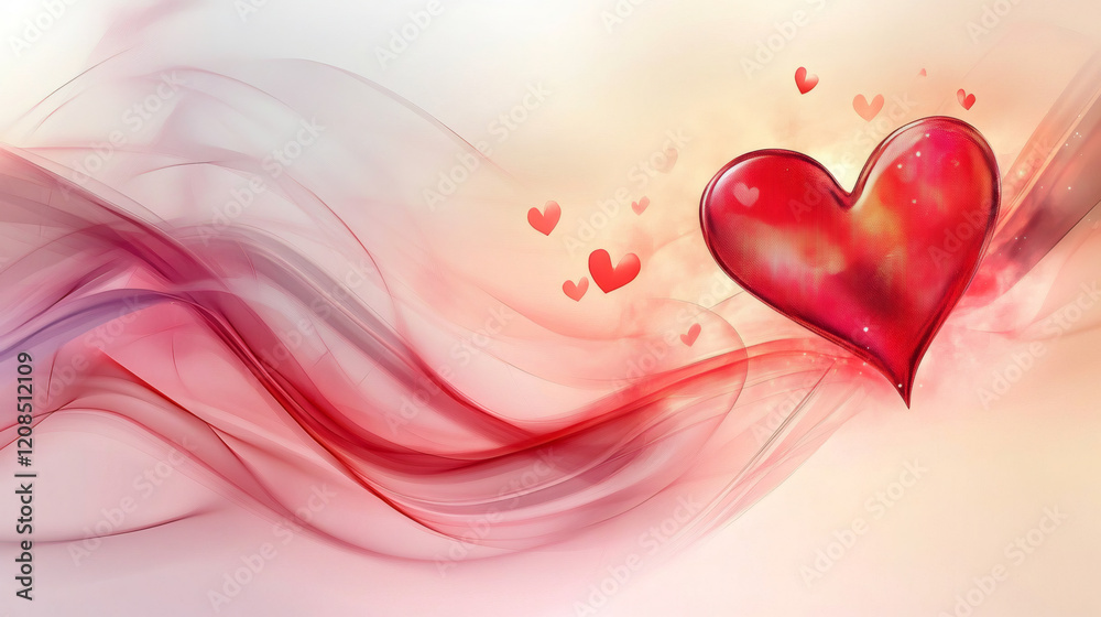 Poster red hearts floating on an abstract background with elegant pink and red waves, perfect for valentine
