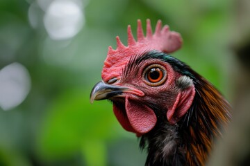 This beautiful close-up of a chicken showcases striking features and rich colors, emphasizing the animal's charm and the natural beauty in its surroundings.