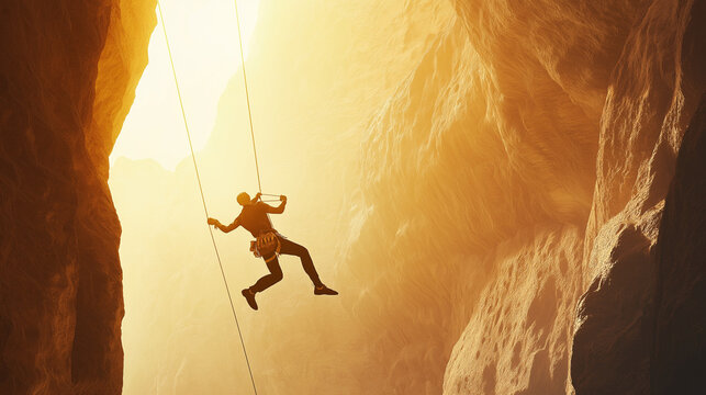 Abenteuerlicher Abstieg in eine majest&auml;tische Schlucht mit Sonnenstrahlen


