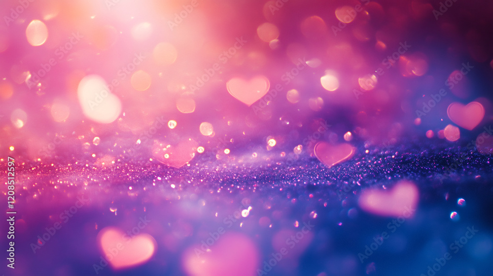 Poster romantic pink and purple glitter background with soft focus bokeh lights and floating hearts creatin