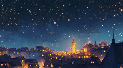 Obraz premium A romantic scene of city rooftops under a clear, starlit sky. Starlit Lagoon. Illustration