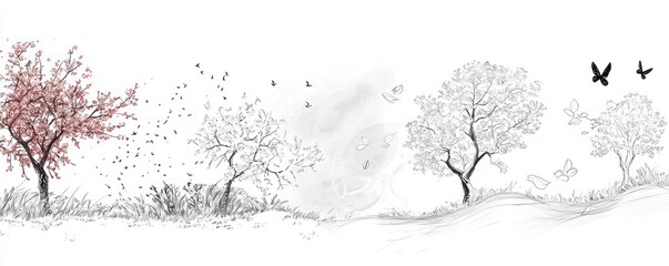 Line art depicting seasonal changes in nature, from spring blossoms to autumn leaves.
