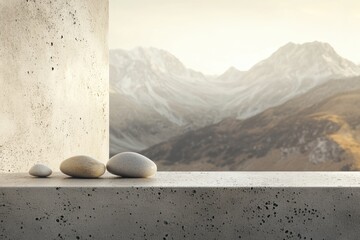 Three smooth stones rest on a concrete surface against a backdrop of majestic mountains.