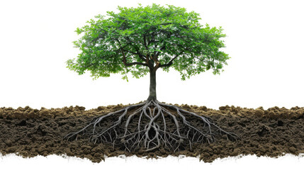 vibrant tree with lush green leaves and visible roots, symbolizing growth and stability. tree stands out against white background, showcasing its strong foundation
