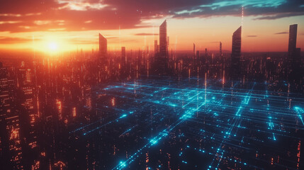 Obraz premium Smart digital Innovation city with connection network reciprocity over the cityscape. of future smart wireless digital city and social media networking systems that connects people with in city