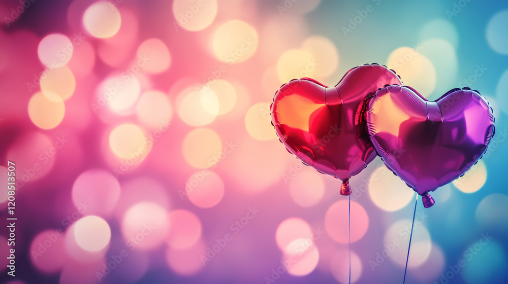 Poster two heart shaped balloons floating on a colorful bokeh background creating a romantic valentine's da