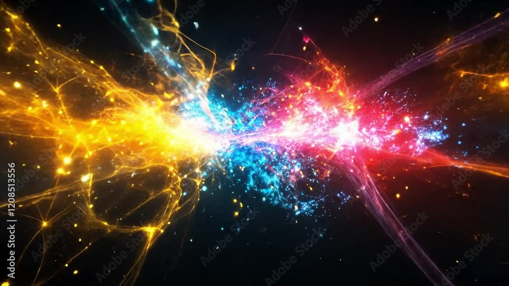 Poster vibrant particles collide in a burst of colorful energy creating a dynamic cosmic display
