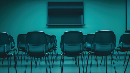 Empty chairs in teal room, creating calm and minimalist atmosphere. Ideal for meetings or presentations