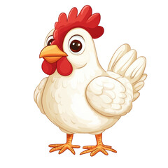 Cute cartoon chicken character standing proudly in a playful pose isolated on white