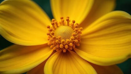 Yellow pollen dust, macro shot of flower stamen, vibrant pollen, soft blurred petals background, botanical scene