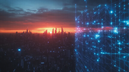 Obraz premium Smart digital Innovation city with connection network reciprocity over the cityscape. of future smart wireless digital city and social media networking systems that connects people with in city