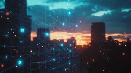 Obraz premium Smart digital Innovation city with connection network reciprocity over the cityscape. of future smart wireless digital city and social media networking systems that connects people with in city