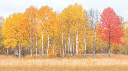 Fototapeta premium Autumnal forest scene vibrant yellow and red trees in a field. Perfect for fall themed designs