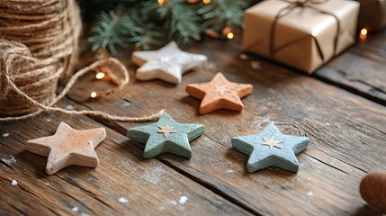 Clay stars on a rustic wooden table for holiday crafting