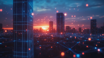 Naklejka premium Smart digital Innovation city with connection network reciprocity over the cityscape. of future smart wireless digital city and social media networking systems that connects people with in city