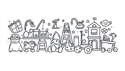 Naklejka premium Line art children’s toys and play equipment, capturing fun and creativity.