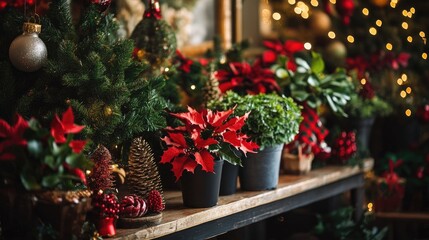 Christmastime greenery with holiday plants and decor