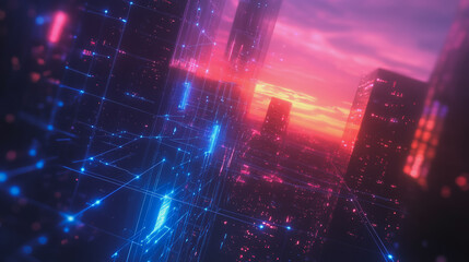 Obraz premium Smart digital Innovation city with connection network reciprocity over the cityscape. of future smart wireless digital city and social media networking systems that connects people with in city