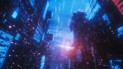 Fototapeta premium Smart digital Innovation city with connection network reciprocity over the cityscape. of future smart wireless digital city and social media networking systems that connects people with in city