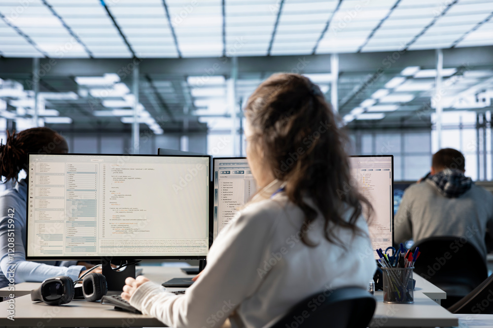Poster technician in server hub ensuring valuable data remains shielded from potential threats using pc. em