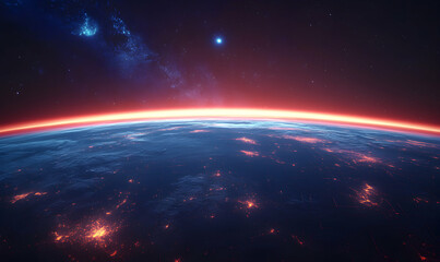Obraz premium Breathtaking view of Earth from space, showcasing city lights against a vibrant red and blue cosmic backdrop. Perfect for science fiction, space exploration, or environmental themes.