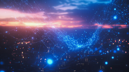 Obraz premium Smart digital Innovation city with connection network reciprocity over the cityscape. of future smart wireless digital city and social media networking systems that connects people with in city