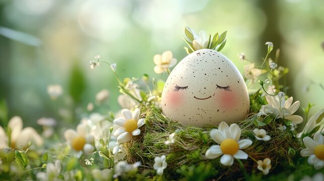 Whimsical easter composition with smiling egg in floral nest for card design
