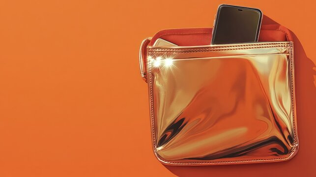 Gold purse, phone, orange background.