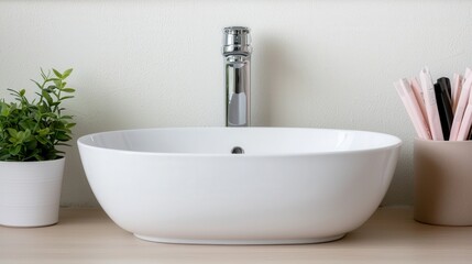 Fototapeta premium Wash workplace and reflective, A modern, minimalist bathroom sink with a sleek faucet, surrounded by a small plant and stationery in a stylish setting.