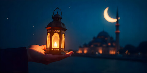 Fototapeta premium banner of Ramadan Mubarak lantern in hand with crescent moon showing illuminated in the sky, Islamic and relaxing night view.