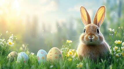 Easter greeting card template with blank space featuring bunny and decorated eggs in spring meadow