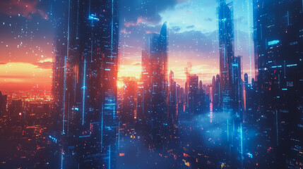 Fototapeta premium Smart digital Innovation city with connection network reciprocity over the cityscape. of future smart wireless digital city and social media networking systems that connects people with in city