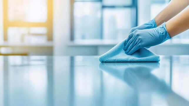 Wash workplace and reflective, A person wearing gloves wipes a clean surface with a blue cloth, showcasing cleanliness and hygiene in a bright, modern environment.