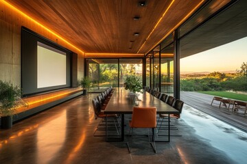 Modern conference room sunset view presentation