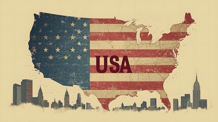 USA Map with American Flag and Skyline Silhouette