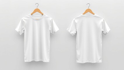 Two White T shirts Hanging On Wooden Hangers