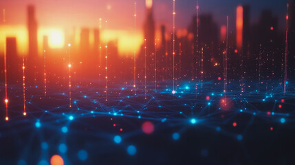 Obraz premium Smart digital Innovation city with connection network reciprocity over the cityscape. of future smart wireless digital city and social media networking systems that connects people with in city