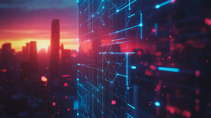 Obraz premium Smart digital Innovation city with connection network reciprocity over the cityscape. of future smart wireless digital city and social media networking systems that connects people with in city