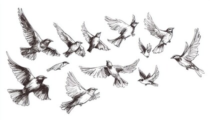 Line drawing birds in flight, showcasing freedom and motion.