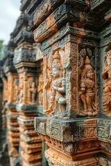 Ancient stone carvings, weathered temple details.