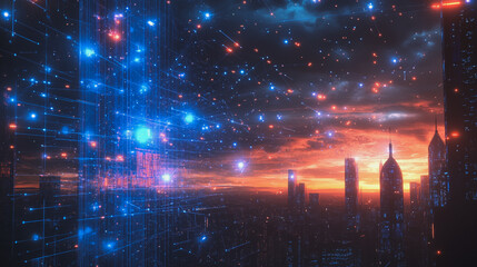 Obraz premium Smart digital Innovation city with connection network reciprocity over the cityscape. of future smart wireless digital city and social media networking systems that connects people with in city