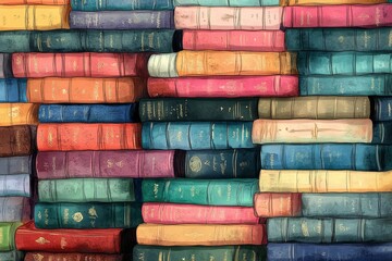 A Stack of Vintage Books Watercolor Illustration of Antique Literature