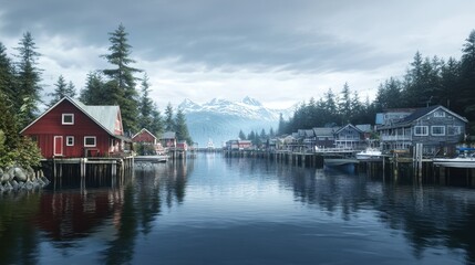 Fototapeta premium Scenic waterfront village with red houses and mountain view in tranquil forest setting