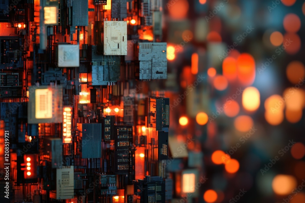 Wall mural abstract digital cityscape with glowing circuit boards and technological components.