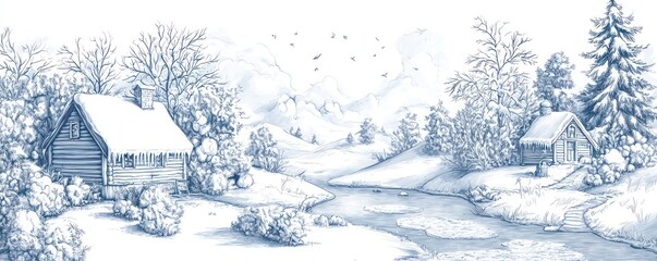 Fototapeta premium Line drawings cozy winter scenes, including snow-covered cottages and frozen lakes.
