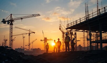 A group of construction workers standing at a construction site, after finishing work.
 with sunset in the background. 4k video