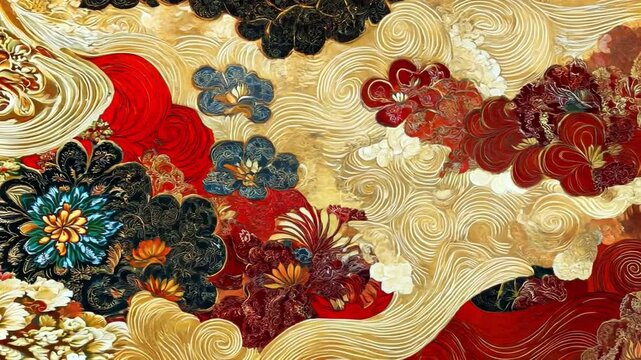 Intricate floral patterns in red, gold, and blue with swirling designs, showcasing artistry and craftsmanship